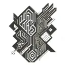 Design a dynamic black-ink tattoo that seamlessly covers the shoulder and flows down the forearm. The shoulder portion features a bold and angular design resembling stylized symbols and African Ndebele patterns that appears sharp and impactful. The forearm incorporates sleek, interconnected geometric lines and segmented bands that wrap naturally around the muscles, creating a modern, futuristic look. The design should have clean, bold linework with subtle shading to emphasize depth and curvature while maintaining a monochromatic, powerful, and edgy aesthetic suitable for a confident and athletic character tattoo design idea