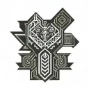 Design a dynamic black-ink tattoo that seamlessly covers the shoulder and flows down the forearm. The shoulder portion features a bold and angular design resembling stylized symbols and African Ndebele patterns that appears sharp and impactful. The forearm incorporates sleek, interconnected geometric lines and segmented bands that wrap naturally around the muscles, creating a modern, futuristic look. The design should have clean, bold linework with subtle shading to emphasize depth and curvature while maintaining a monochromatic, powerful, and edgy aesthetic suitable for a confident and athletic character tattoo design idea