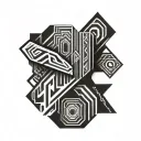 Design a dynamic black-ink tattoo that seamlessly covers the shoulder and flows down the forearm. The shoulder portion features a bold and angular design resembling stylized symbols and African Ndebele patterns that appears sharp and impactful. The forearm incorporates sleek, interconnected geometric lines and segmented bands that wrap naturally around the muscles, creating a modern, futuristic look. The design should have clean, bold linework with subtle shading to emphasize depth and curvature while maintaining a monochromatic, powerful, and edgy aesthetic suitable for a confident and athletic character tattoo design idea