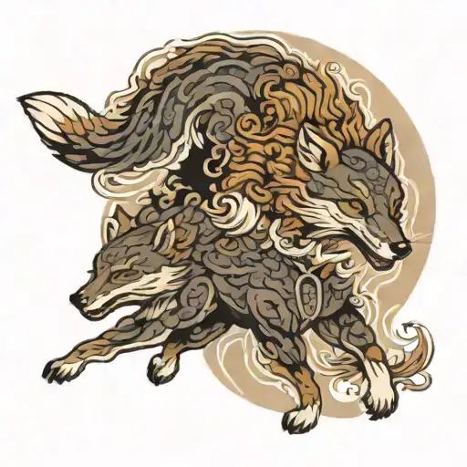 fox and wolf running tattoo design idea