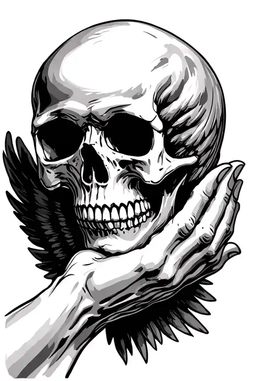 3. "Skull & Engelshand" - life, death, decision motif: a skull, held by one hand (angel or statue) or tattoo design idea