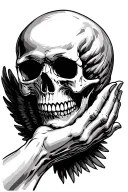 3. "Skull & Engelshand" - life, death, decision motif: a skull, held by one hand (angel or statue) or tattoo design idea