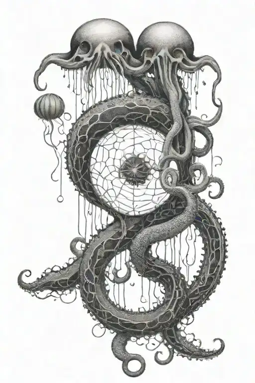 The tentacles stretch from the bottom up. In the center is a New Year's ball. On top is a jellyfish tattoo design idea