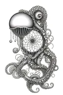 The tentacles stretch from the bottom up. In the center is a New Year's ball. On top is a jellyfish tattoo design idea