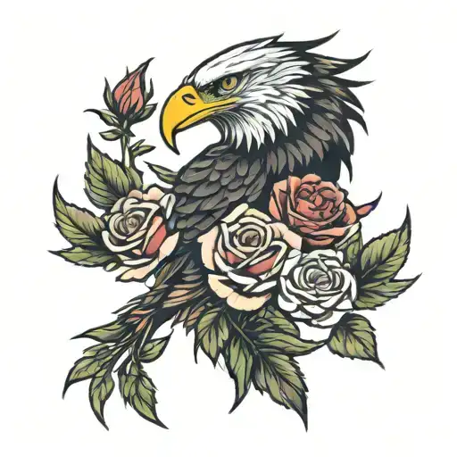 eagle eyes sourounded by roses tattoo design idea