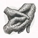 An abstract design of a father and daughter's hands entwined, with the text Alana 23/07/21 wrapping around the composition like a ribbon tattoo design idea