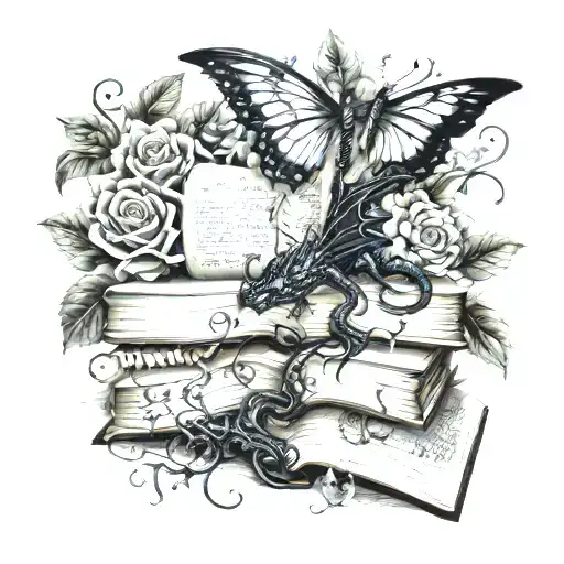 old books hoarding black dragon words, light & butterflies, flowers and vines curling outward tattoo design idea