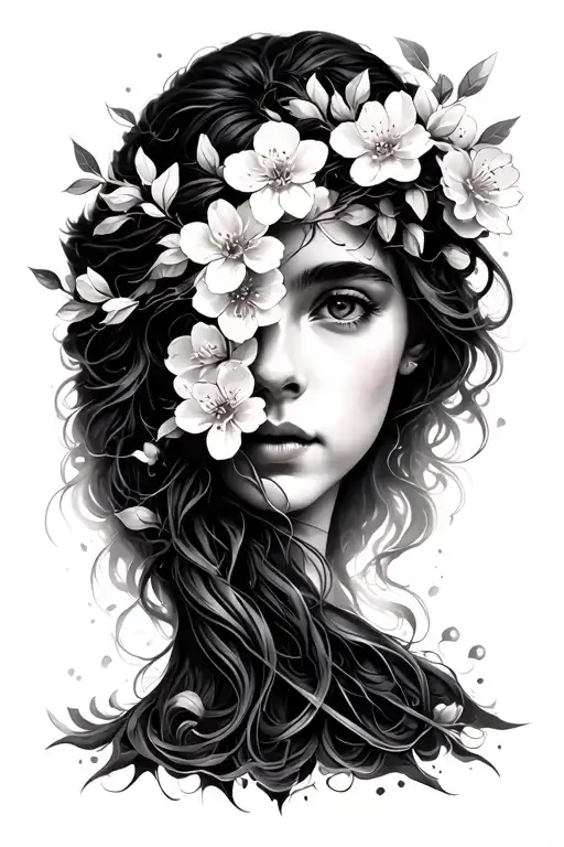 tree, cherry blossom, angel  tattoo design idea