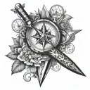 dagger, compass, geographic patterns tattoo design idea