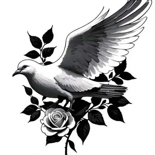 A white dove with spread wings. There should be a rose either in the beak or in the background. tattoo design idea