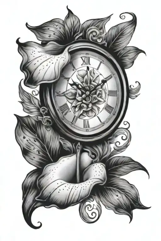 clock cala lily half tiger face tattoo design idea