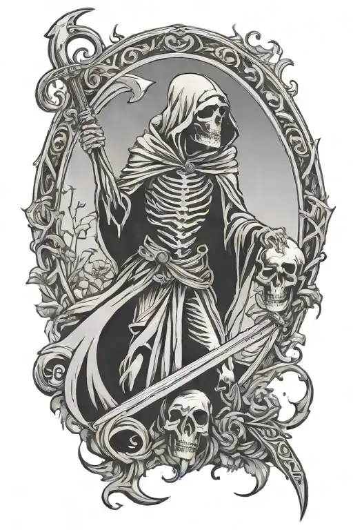 grim reaper holding scythe with crow sitting on scythe and momento mori written on scythe tattoo design idea