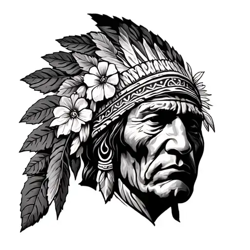 full sleeve fully inked with leaves and some flowers The head of the Indian chief is almost invisible under the leaves. tattoo design idea