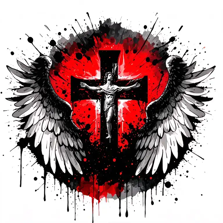 christian cross with angel tattoo design idea