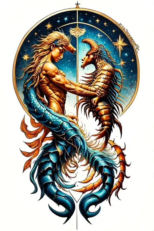 A unique combination tattoo of the astrological signs of your children (Aquarius and Scorpio) intertwined in a celestial design tattoo design idea