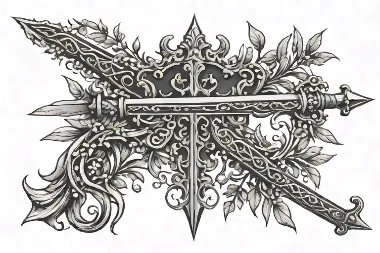 sword going down the back with the handles made entirely out of olive branches and a crown sitting on the top handle tattoo design idea