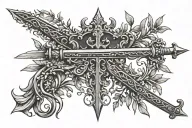 sword going down the back with the handles made entirely out of olive branches and a crown sitting on the top handle tattoo design idea