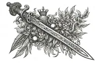 sword going down the back with the handles made entirely out of olive branches and a crown sitting on the top handle tattoo design idea