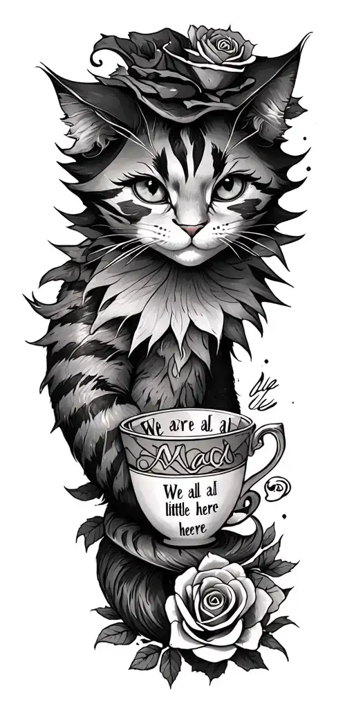 "We are all a little mad here" "We are all a little mad here"  disney cheshire cat with tail intertwined with tea cup and rose tattoo design idea