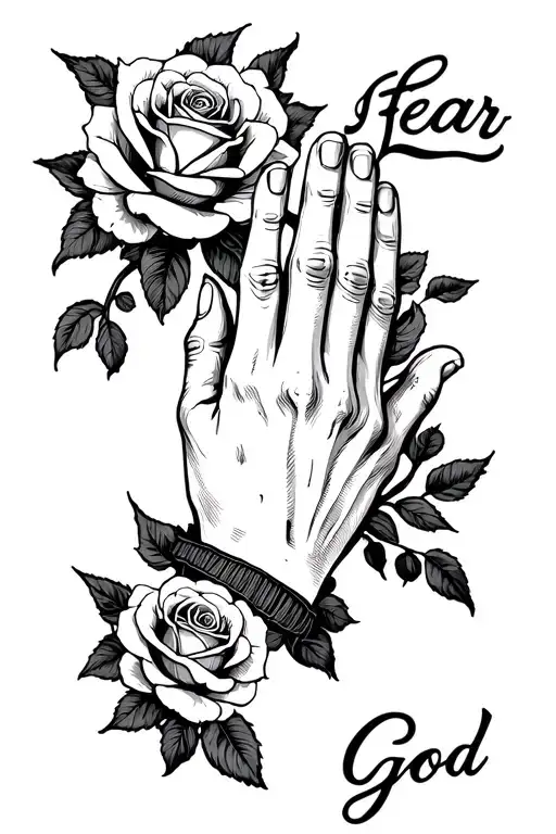 Praying hands with roses with the words fear god tattoo design idea