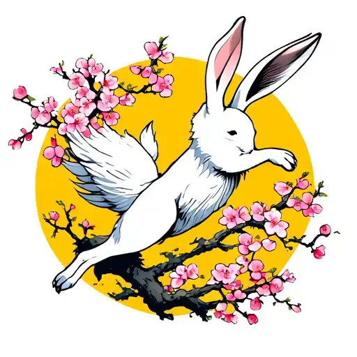 a white hare leaping with cherry blossoms and a yellow moon behind it tattoo design idea