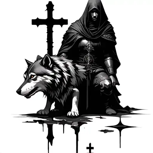 reflection of a dire wolf below a kneeling hooded warrior with a cross in the background tattoo design idea
