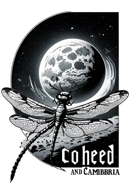 Coheed and Cambria Dragonfly in the foreground.  Coheed and Cambria prison planet in the background.  Keywork logo below tattoo design idea