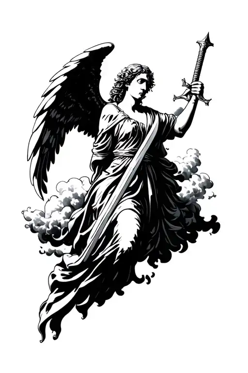 angel holding a sword falling from the clouds tattoo design idea