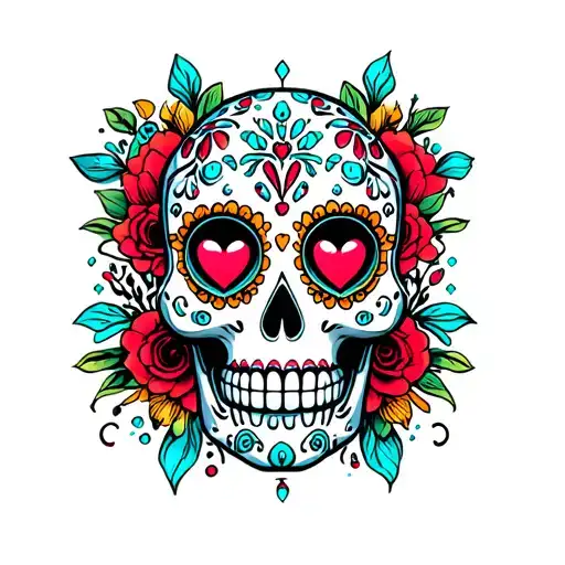 White sugar skull tattoo; heart eyes; red/blue/yellow flourishes; symmetrical; clean stencil; no background; no fabric. tattoo design idea