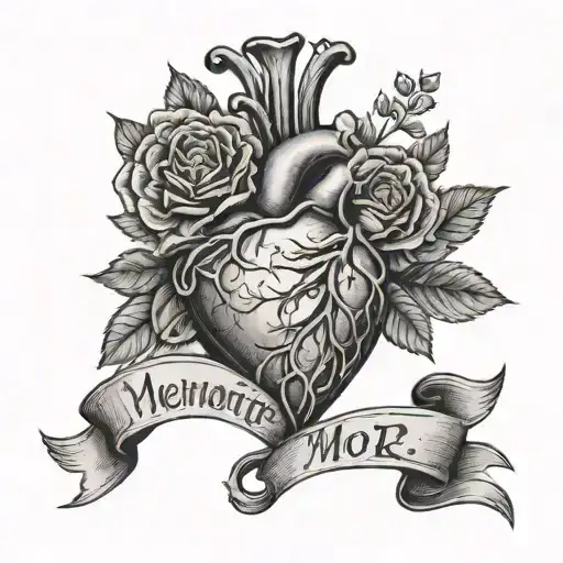 anatomically correct heart with "memento mori" written on the upper side and "memento vivere" on the lower one tattoo design idea