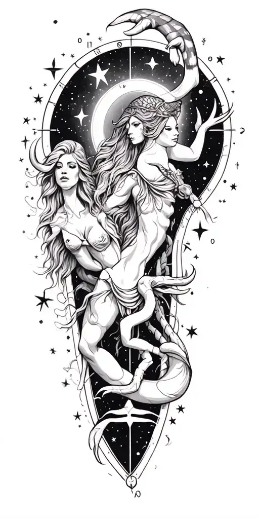 Full arm tattoo featuring zodiac signs libra, Leo,  Taurus, Aquarius and Scorpio with stars and constilations  tattoo design idea