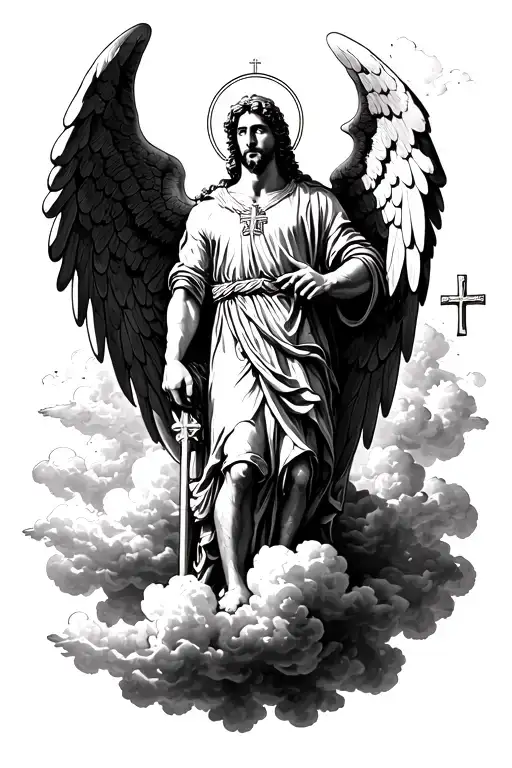 Archangel Saint Michael the Archangel, with clouds at his feet and a cross tattoo design idea