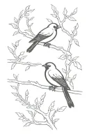 The design features two small birds in black silhouette, each perched on a delicate, slender branch.  tattoo design idea