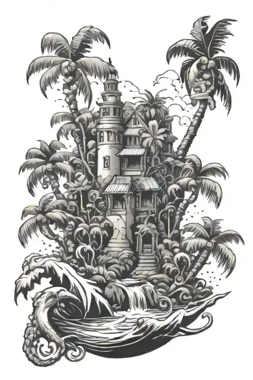 Tropical island surrounding lock and keys tattoo design idea