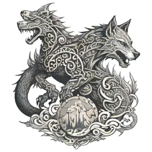 An intricate tattoo of a wolf riding a dragon across a landscape of video game symbols tattoo design idea