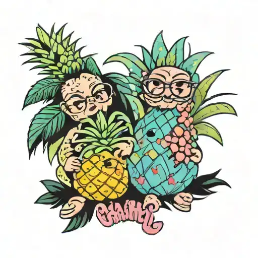 names PJ and Charlie and a pineapple surrounded by rainbow tattoo design idea