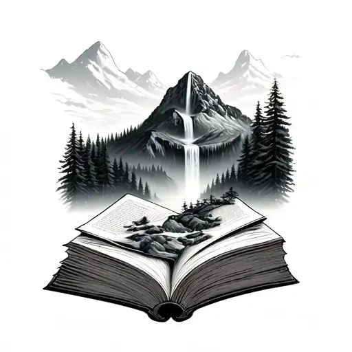 A mountain and forest landscape with a waterfall in the middle flowing down into a book opened up on its spine tattoo design idea