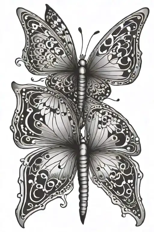 Butterfly tattoo with equal design on each wing. Show two eyes closed design on each wing but it blends nicely with the  tattoo design idea