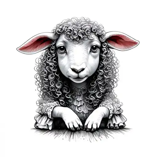 little sad lamb on hand curly woman in dress tattoo design idea