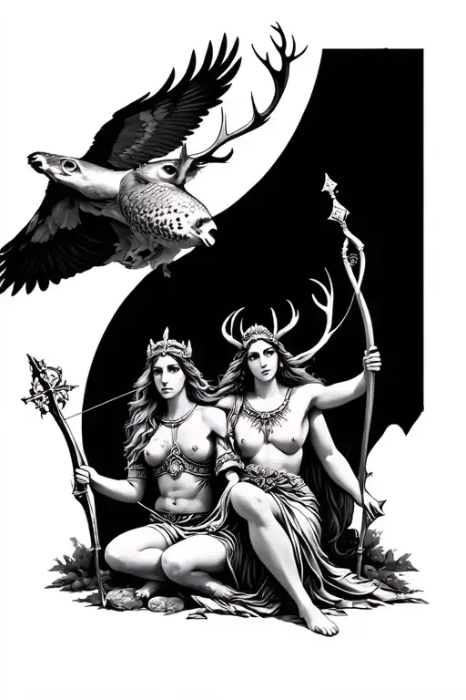 artimis with a bow sitting in front and Athena with a staff a stag, owl flying behind side view  tattoo design idea