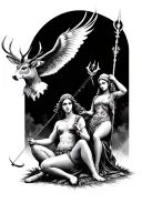 artimis with a bow sitting in front and Athena with a staff a stag, owl flying behind side view  tattoo design idea