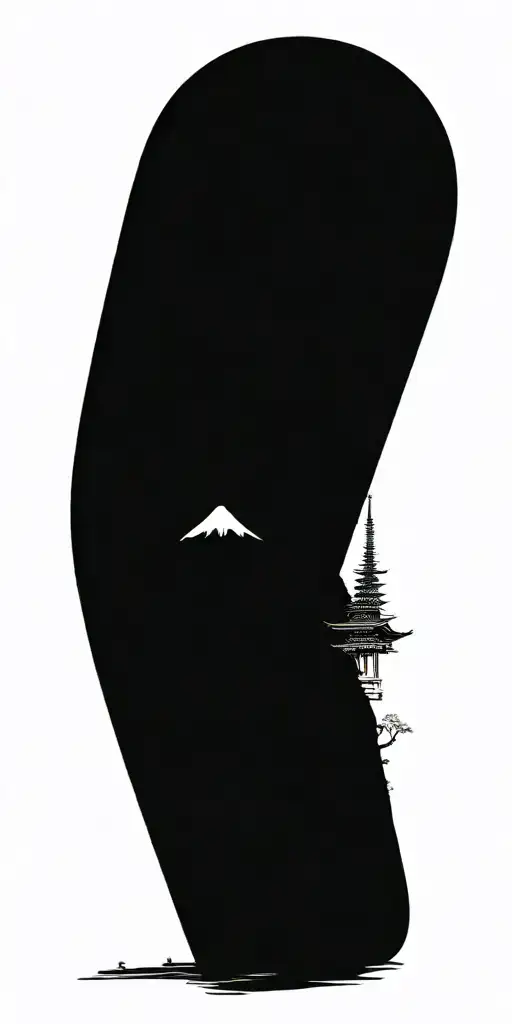 A pagoda, mount fuji a river and a cherry tree tattoo design idea