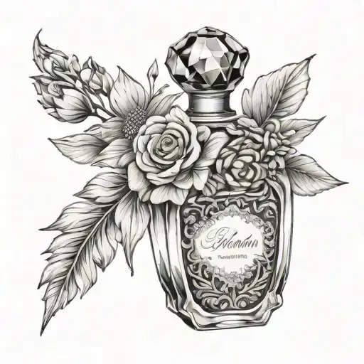 Crystal shaped perfume bottle with a pretty label tag, delicate flowers tattoo design idea
