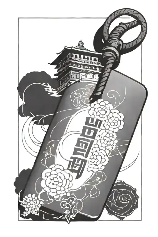 the tip of a japanese pagoda exiting perspective from one single rectangual japanese blank omamori charm tattoo design idea