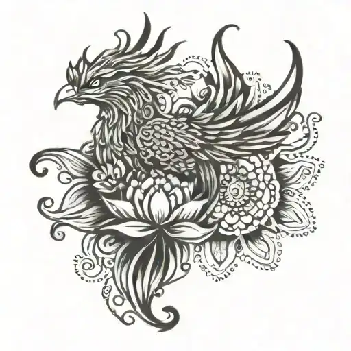 sleek elegant feminine phoenix tatto with mandala lotus tattoo design idea