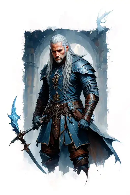 Gothic fantasy scenes in the New School style mixed with Dark Realism. In the center of the composition is a witcher (Geralt from Rivia tattoo design idea