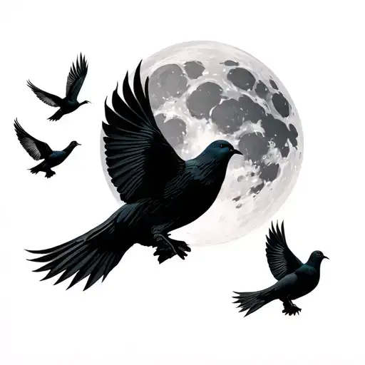 a waxing gibbous with flying mini doves reprenting freedom tattoo design idea
