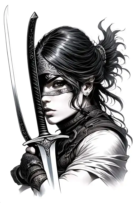 female warrior wielding a sword covering her face tattoo design idea