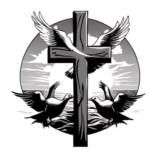 plain large Christian cross with 2 doves  and Sunset behind it  tattoo design idea