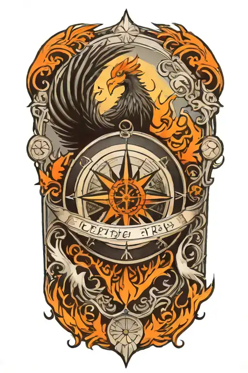 compass representing the course for life over time. Overlapping is a Phoenix rising up from the ashes tattoo design idea